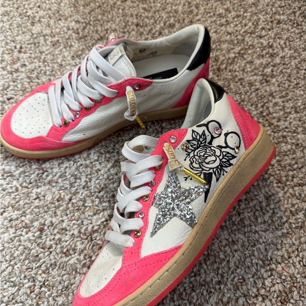 Golden Goose Pink and White Sneakers with Star Detail